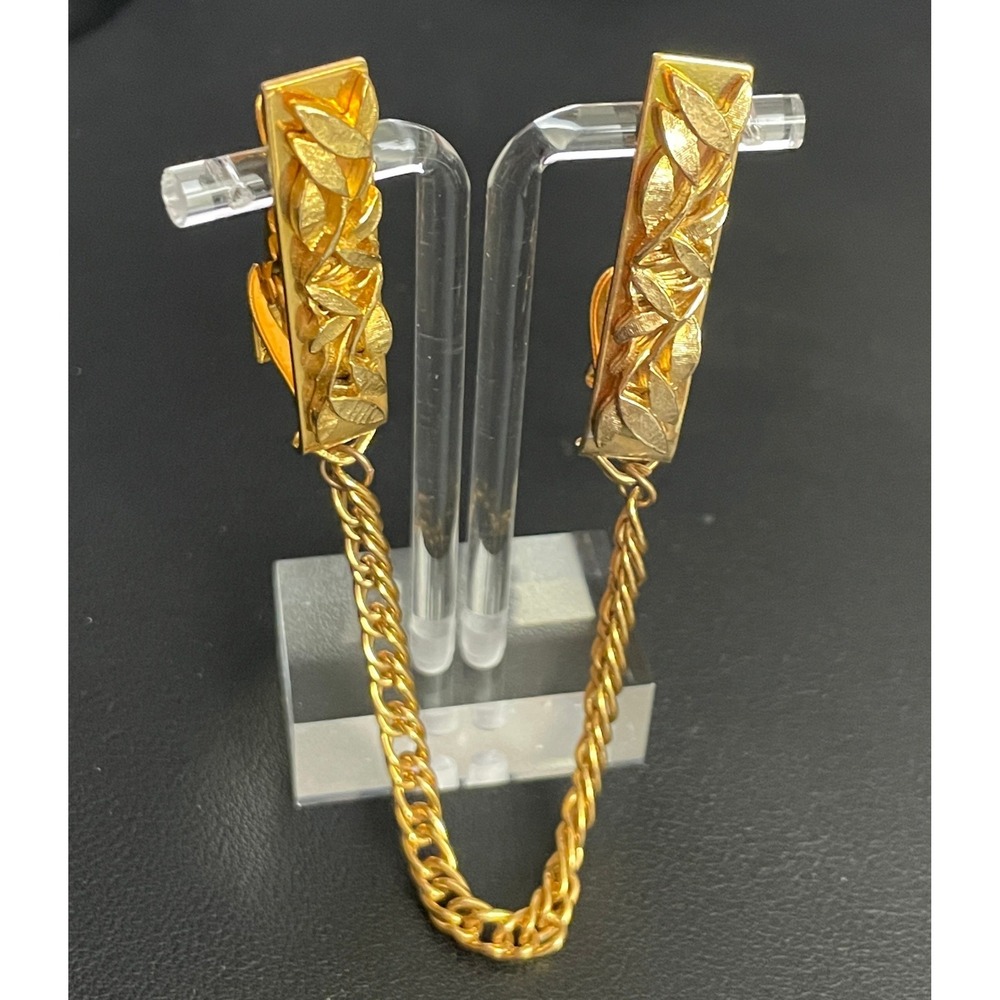 Vintage Sweater Guards Gold Tone Cardigan Clips Floral Leaf